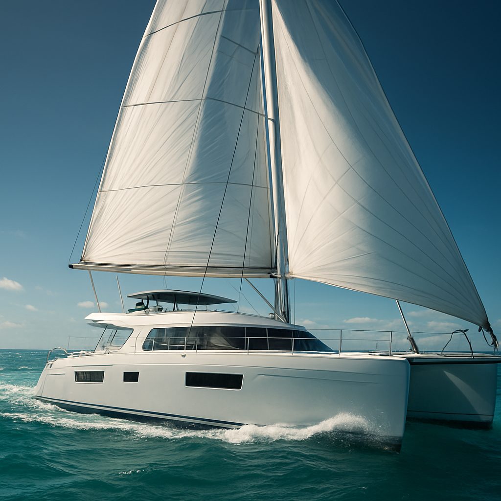 Catamarán a vela en aguas turquesas con velas desplegadas