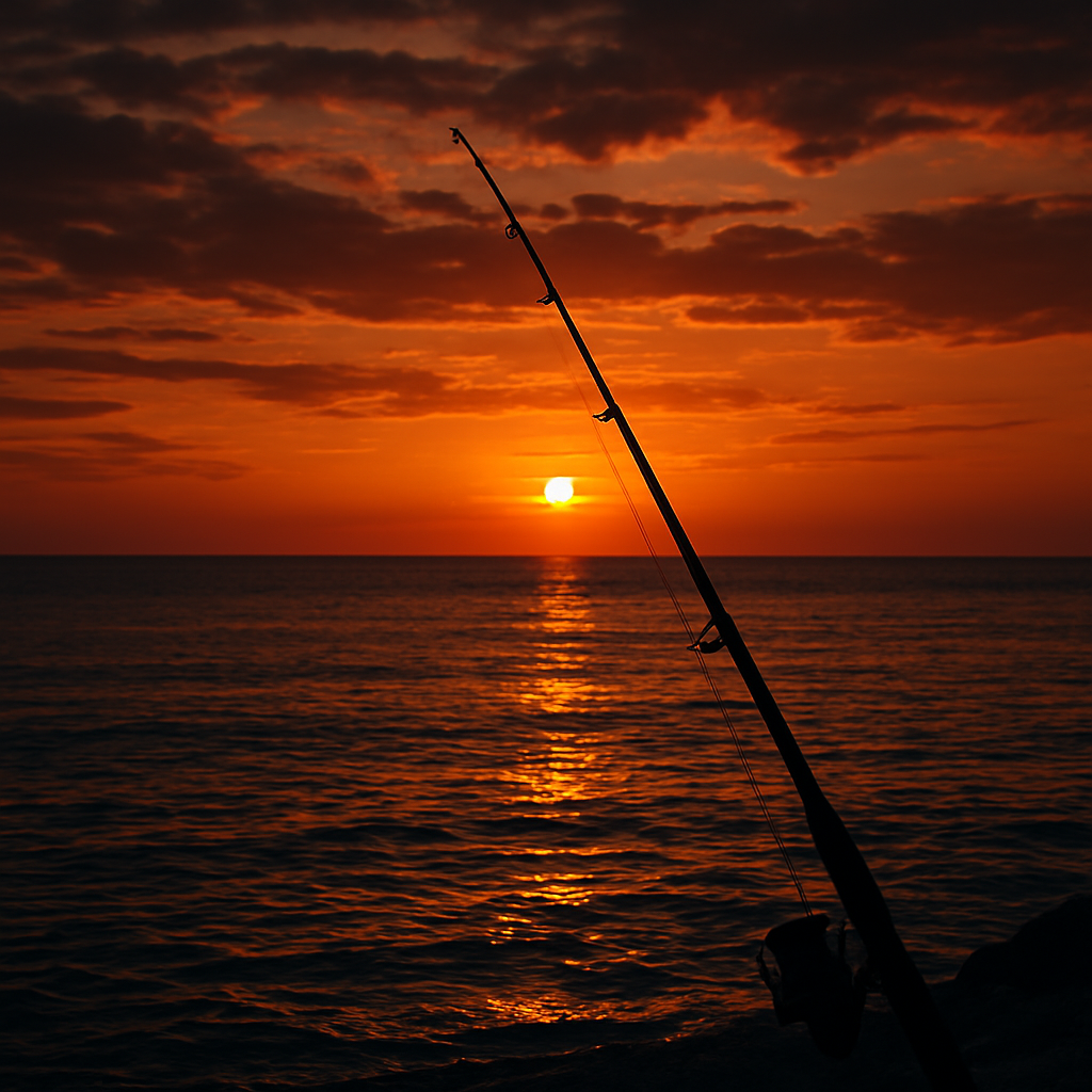 Pesca en el mar al atardecer